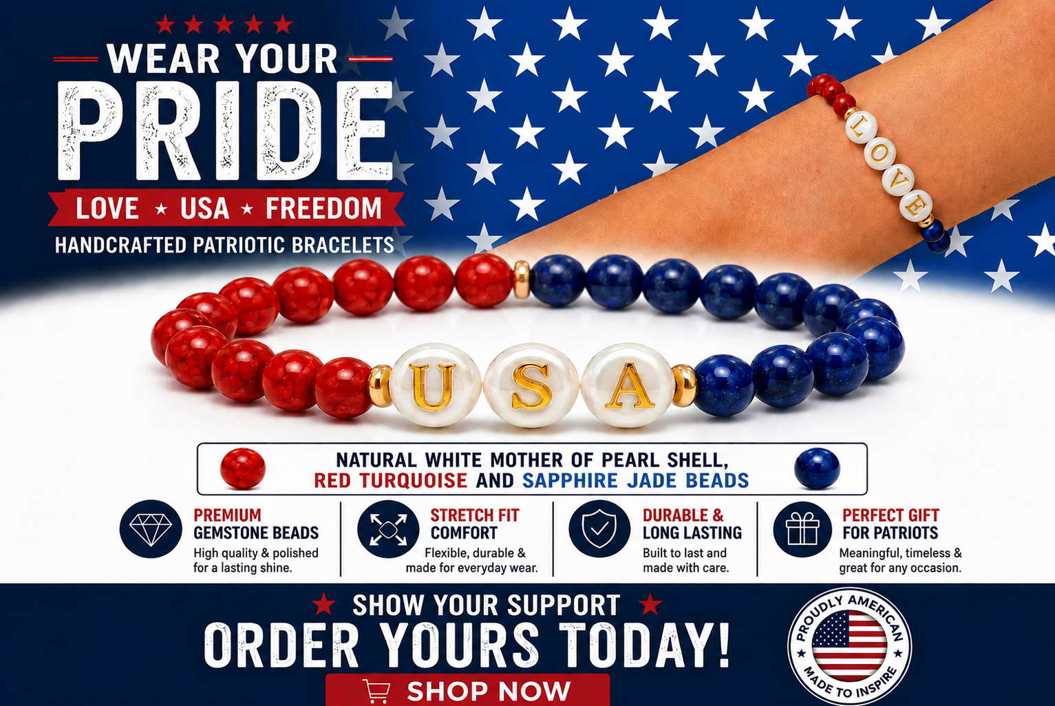 USA bracelet with white stars on blue background, handcrafted patriotic jewelry